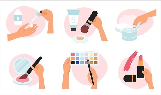 EPS 해외이미지 손 디자인 여자 얼굴 컬러 가방 일러스트 그림자 사람 빨간색 세트 뷰티 유행 견본 화장품 거울 장비 립스틱 잡기 붓 입 화려 팔레트 상품 만화 가루 볼터치 수집 피부 입술 피부관리 만들기 예술가 아이섀도 고립 벡터 신청 해외202309 해외일러스트 잡화 컨셉 모션 신체부위 화장 파일형식