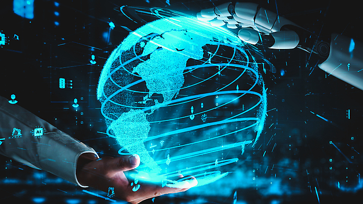 포토 해외이미지 손 비즈니스 미래 들기 신체부위 파란색 지구본 스크린 기계 로봇 AI_인공지능 해외202309 해외포토 AI파일 컬러 컨셉 모션 사람 파일형식 벡터