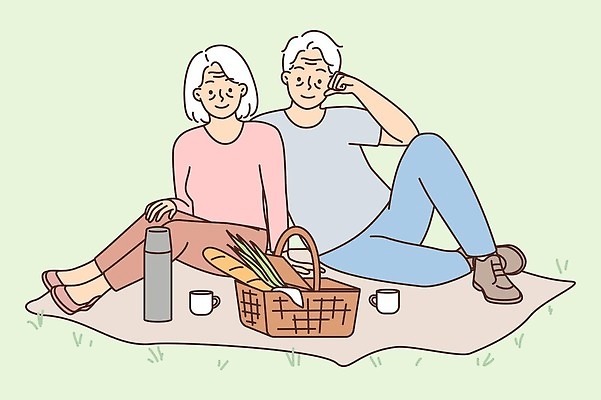 EPS 해외이미지 전신 라이프스타일 여자 할아버지 노년 남자 할머니 일러스트 컵 소풍 바구니 기댐 기쁨 바게트 돗자리 텀블러 노인만 해외일러스트 식기 감정 빵 모션 사람 성인 생활 야외활동 성인만 파일형식 벡터