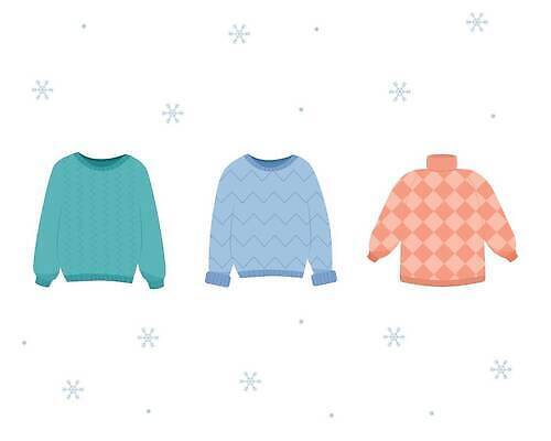 EPS 해외이미지 옷 계절 크리스마스 겨울 일러스트 날씨 휴가 새해 따뜻함 유행 추위 가을 축하 눈송이 플랫 12월 연도 스웨터 벡터 안락 해외202309 해외일러스트 기념일 컨셉 상의 눈_날씨 날짜 파일형식