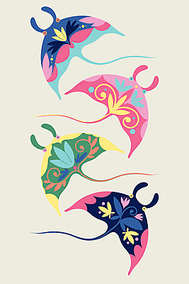 JPG 해외이미지 포스터 백그라운드 무늬 여러마리 일러스트 추상 사람없음 컬러풀 그림 기하학 가오리 해외202309 해외일러스트 컬러 다수 어류 파일형식