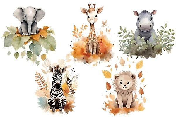 EPS 해외이미지 일러스트 코끼리 사람없음 귀여움 풀잎 사자 기린 번짐 얼룩말 하마 해외202309 해외일러스트 컨셉 잎 포유류 말_동물 풀_식물 파일형식 벡터 효과
