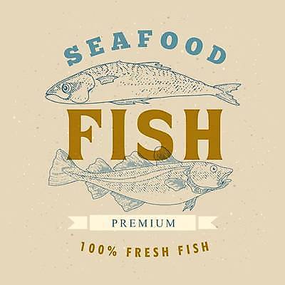 EPS 해외이미지 영어 리본 일러스트 어류 타이포그라피 사람없음 빈티지 라인아트 해산물 베이지색 해외202309 해외일러스트 문자 선 컬러 컨셉 수중동물 파일형식 벡터