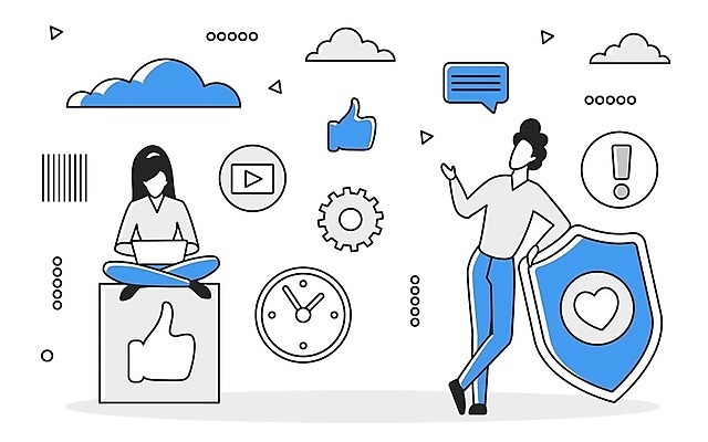 EPS 해외이미지 전신 여자 남자 일러스트 비즈니스 성인 두명 파란색 디지털 정보 업무 스마트 분석 따봉 방패 온라인 경영 데이터베이스 인터페이스 해외202310 해외일러스트 컬러 컨셉 사람 최고 작업 파일형식 벡터