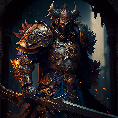 JPG 해외이미지 일러스트 불꽃 뿔 한명 들기 사람 판타지 중세기사 중세 만화 깃털 전사 갑옷 전쟁터 게임캐릭터 대검 웅장함 해외202309 해외일러스트 투구모자 캐릭터 1 무기 모션 상상 불 역사 검 보호장비 전쟁 파일형식