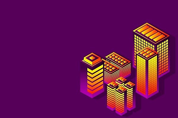 EPS 해외이미지 백그라운드 일러스트 빌딩 사람없음 건물 보라색 도시 네온 그라데이션 아이소메트릭 해외202309 해외일러스트 건축물 컬러 파일형식 벡터