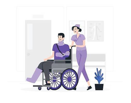 EPS 해외이미지 전신 여자 남자 화분 화초 일러스트 병원 성인 두명 걷기 보라색 간호사 밀기 휠체어 깁스 성인만 목보호대 해외202309 해외일러스트 식물 컬러 의학 모션 사람 의료진 의료용품 보호장비 파일형식 벡터