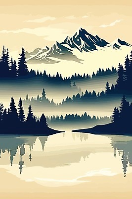 EPS 해외이미지 나무 호수 일러스트 사람없음 반사 겨울풍경 설산 해외202309 해외일러스트 식물 겨울 산 풍경 파일형식 벡터