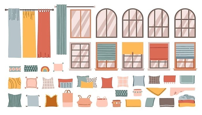EPS 해외이미지 쿠션 일러스트 창문 사람없음 인테리어 사각형 커튼 장바구니 아치 엘리먼트 해외202309 해외일러스트 도형 디자인 쇼핑 바구니 파일형식 벡터