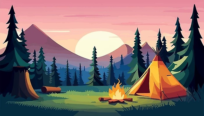 EPS 해외이미지 나무 여행 일러스트 산 텐트 사람없음 캠핑 모닥불 캠핑장 해외202309 해외일러스트 식물 불 레저 캠핑도구 파일형식 벡터