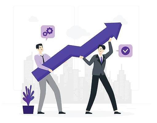 EPS 해외이미지 전신 남자 화살표 화분 화초 말풍선 일러스트 들기 정장 성인 두명 마주보기 보라색 체크표시 톱니바퀴 상승 성인남자만 해외202309 해외일러스트 식물 옷 컬러 컨셉 모션 사람 확인 남자만 성인만 파일형식 벡터