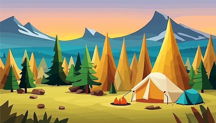 EPS 해외이미지 나무 여행 일러스트 텐트 사람없음 캠핑 모닥불 캠핑장 해외202309 해외일러스트 식물 불 레저 캠핑도구 파일형식 벡터
