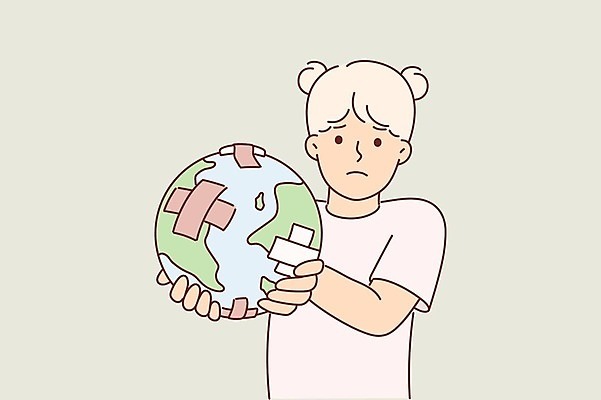 EPS 해외이미지 라이프스타일 여자 지구 어린이 일러스트 한명 들기 반창고 걱정 소녀한명만 해외일러스트 1 감정 모션 사람 생활 의료용품 여자한명만 소녀만 파일형식 벡터