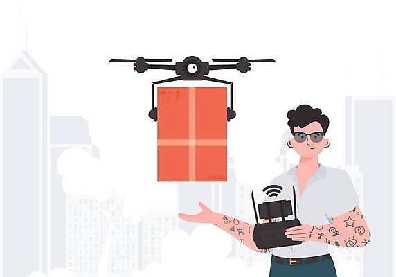 EPS 해외이미지 남자 일러스트 미래 한명 들기 손짓 상반신 성인 화물 스마트 배송 택배상자 로봇산업 드론 조종장치 성인남자한명만 해외202309 해외일러스트 1 산업 컨셉 모션 사람 상자 장비 운송업 로봇 택배 남자한명만 성인남자만 파일형식 벡터