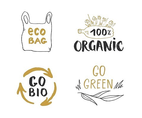 EPS 해외이미지 손글씨 잎 일러스트 캘리그라피 타이포그라피 사람없음 장식 재활용 친환경 유기농 손그림 페트병 바이오 에코백 해외202309 해외일러스트 식물 문자 웰빙 가방 환경 에코 병_담는 파일형식 벡터