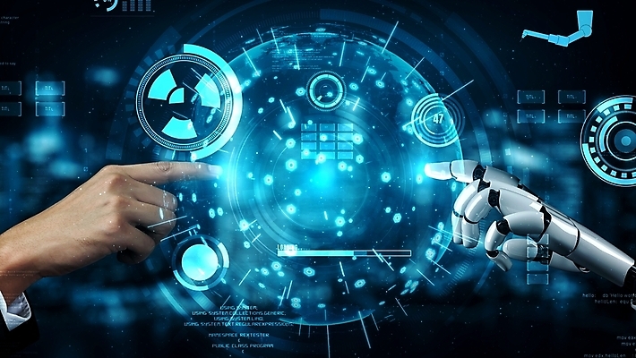 포토 해외이미지 손 비즈니스 그래프 미래 신체부위 파란색 지구본 스크린 기계 터치 가리킴 로봇 AI_인공지능 해외202309 해외포토 AI파일 컬러 컨셉 사람 손짓 파일형식 벡터