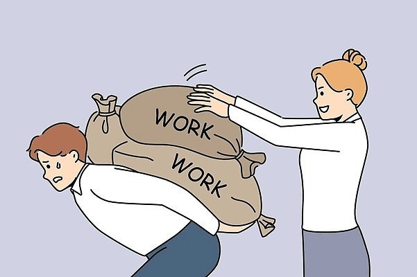 EPS 해외이미지 여자 남자 일러스트 정장 상반신 성인 두명 비즈니스맨 비즈니스우먼 업기 업무과다 무거움 과로 울상 포대자루 성인만 놓기 해외202309 해외일러스트 옷 비즈니스 모션 사람 업무 직장인 무게 자루 파일형식 벡터