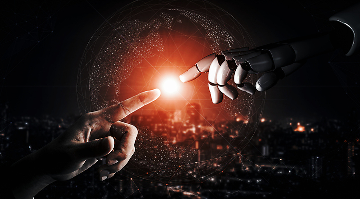 포토 해외이미지 손 비즈니스 미래 신체부위 지구본 스크린 주황색 기계 터치 가리킴 도시 로봇 AI_인공지능 해외202309 해외포토 AI파일 컬러 컨셉 사람 손짓 파일형식 벡터