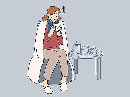 EPS 해외이미지 전신 여자 일러스트 한명 들기 앉기 성인 머그컵 추위 약병 온도계 담요 떨림 감기약 성인여자한명만 해외202309 해외일러스트 1 모션 사람 컵 약 병_담는 여자한명만 성인여자만 파일형식 벡터