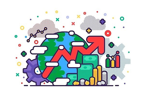 EPS 해외이미지 디자인 화살표 지구 일러스트 그래프 사람없음 성장 돈다발 톱니바퀴 상승 동전탑 해외202309 해외일러스트 컨셉 돈 쌓기 동전 파일형식 벡터