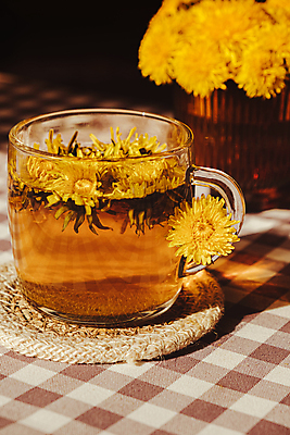 포토 JPG 해외이미지 사람없음 노란색 식탁보 찻잔 민들레 컵받침 체크무늬 꽃차 해외202309 해외포토 꽃 컬러 무늬 잔 차_음료 받침대 파일형식