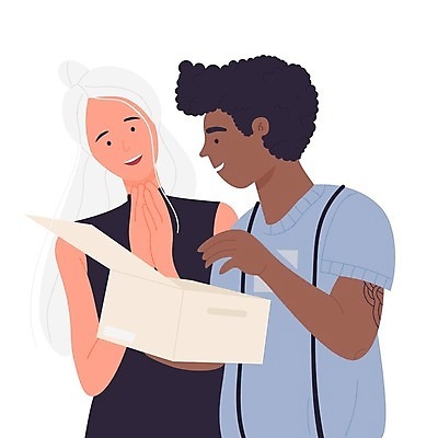 EPS 해외이미지 여자 남자 일러스트 상반신 성인 두명 상자 오픈 서비스 택배 택배상자 성인만 해외202309 해외일러스트 사람 운송업 파일형식 벡터