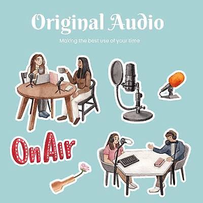 EPS 해외이미지 전신 여자 남자 음악 스티커 통신 말하기 대화 앉기 여러명 성인 소리 연결 스마트 마이크 라디오 오디오 방송 목소리 성인만 해외202309 해외일러스트 음향기기 다수 컨셉 모션 문화예술 사람 전자제품 파일형식 벡터