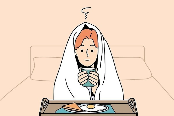 EPS 해외이미지 무료이미지 여자 음료 음식 겨울 일러스트 실내 따뜻함 식사 침실 머그컵 추위 침대 차 아침식사 담요 먹기 해외202309 해외일러스트 계절 가구 모션 사람 내부 컵 파일형식 벡터 무료콘텐츠