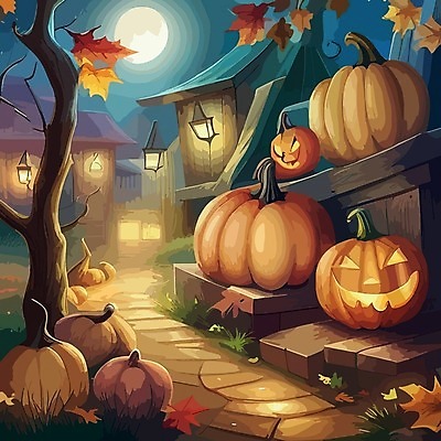 EPS 해외이미지 나무 일러스트 호박 사람없음 어둠 할로윈 야간 잭오랜턴 해외202309 해외일러스트 자연요소 식물 채소 파일형식 벡터