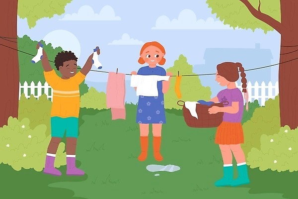 EPS 해외이미지 전신 여자 남자 어린이라이프 어린이 일러스트 양말 들기 소년 세명 빨래 빨랫줄 빨래통 어린이만 해외202309 해외일러스트 라이프스타일 줄 가사 모션 사람 파일형식 벡터