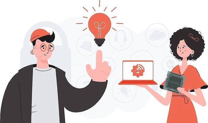 EPS 해외이미지 여자 남자 일러스트 전구 협력 들기 상반신 성인 두명 노트북 가리킴 사물인터넷 성인만 안경낌 해외202309 해외일러스트 안경 모션 정보기술 사람 손짓 전자제품 파일형식 벡터