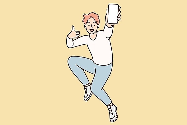 EPS 해외이미지 전신 남자 일러스트 한명 들기 성인 스마트폰 점프 최고 보여주기 성인남자한명만 해외일러스트 1 모션 사람 핸드폰 스마트기기 남자한명만 성인남자만 파일형식 벡터