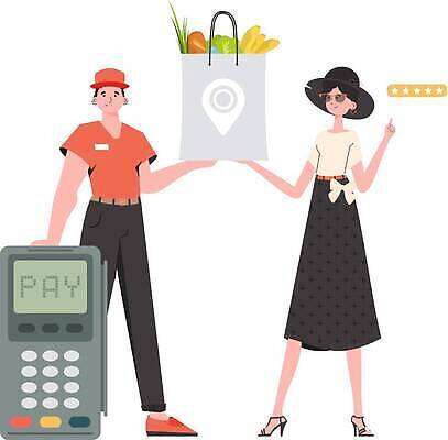 EPS 해외이미지 전신 여자 남자 유니폼 채소 일러스트 들기 성인 두명 쇼핑백 암호 배송 택배 성인만 해외202309 해외일러스트 옷 가방 모션 사람 운송업 파일형식 벡터