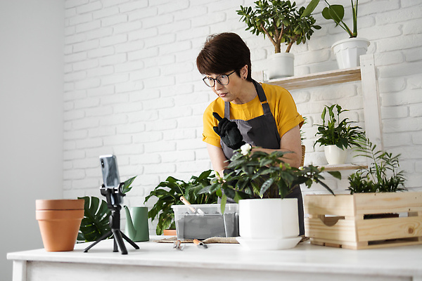 포토 JPG 해외이미지 여자 화분 한명 손짓 상반신 성인 앞모습 스마트폰 나무상자 책상 진열장 원예 원예식물 삼각대 원예용품 플로리스트 성인여자한명만 안경낌 인터넷방송 1인미디어 홈가드닝 해외202309 해외포토 식물 직업 1 안경 뷰포인트 가구 생활용품 모션 사람 취미 핸드폰 스마트기기 상자 방송 여자한명만 성인여자만 파일형식