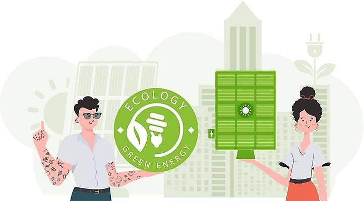 EPS 해외이미지 여자 남자 잎 일러스트 들기 손짓 상반신 성인 두명 초록색 원형 그린에너지 심볼 에코 친환경 집열판 성인만 해외202309 해외일러스트 도형 식물 컬러 모션 사람 환경 에너지 태양에너지 파일형식 벡터