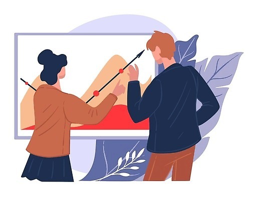 EPS 해외이미지 여자 남자 잎 일러스트 비즈니스 회의 그래프 상반신 성인 두명 스크린 모니터 가리킴 성인만 해외202309 해외일러스트 식물 사람 손짓 컴퓨터 파일형식 벡터