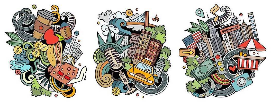 EPS 해외이미지 클립아트 디자인 배너 문화 도로 여행 일러스트 건축양식 거리 야외 건물 장식 세트 컬러풀 미국 도시 도심 낙서 사과 만화 수집 오브젝트 뉴욕 택시 타운 스카이라인 맨해튼 재즈 구성 길거리음식 랜드마크 브로드웨이 전국 브루클린 해외202309 해외일러스트 건축물 건축 길 음악 음식 컬러 북아메리카 과일 교통시설 승용차 자동차 파일형식 벡터