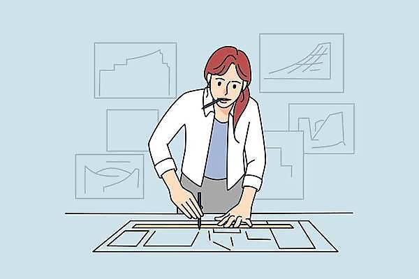 EPS 해외이미지 여자 일러스트 자 한명 상반신 성인 펜 설계도 그리기 성인여자한명만 해외일러스트 1 모션 문구용품 건설업 사람 필기구 여자한명만 성인여자만 파일형식 벡터