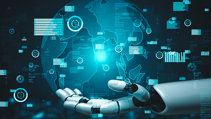 JPG 해외이미지 손 일러스트 그래프 미래 기술 신체부위 파란색 지구본 3D 디지털 네트워크 로봇 해외202309 해외포토 포토 컬러 컨셉 사람 디지털합성 파일형식