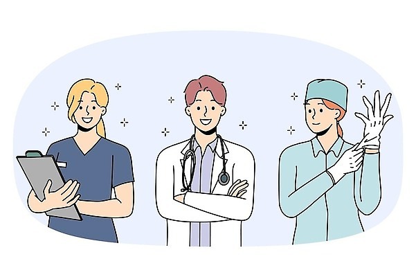 EPS 해외이미지 여자 남자 일러스트 청진기 들기 상반신 성인 세명 반짝임 팔짱 간호사 의사 위생장갑 서류판 성인만 해외202309 해외일러스트 장갑 의료기기 모션 사람 사무용품 의료진 파일형식 벡터