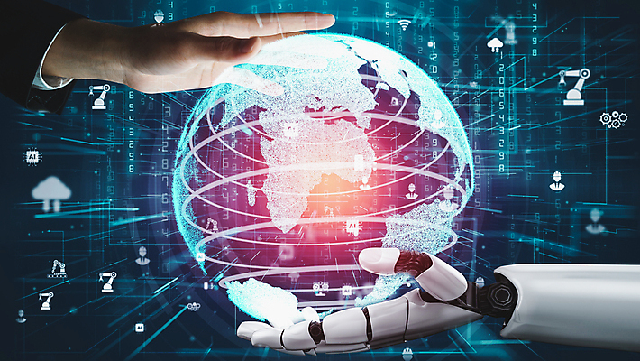 포토 해외이미지 손 분홍색 비즈니스 미래 들기 신체부위 숫자 지구본 스크린 기계 로봇 AI_인공지능 해외202309 해외포토 AI파일 문자 컬러 컨셉 모션 사람 파일형식 벡터