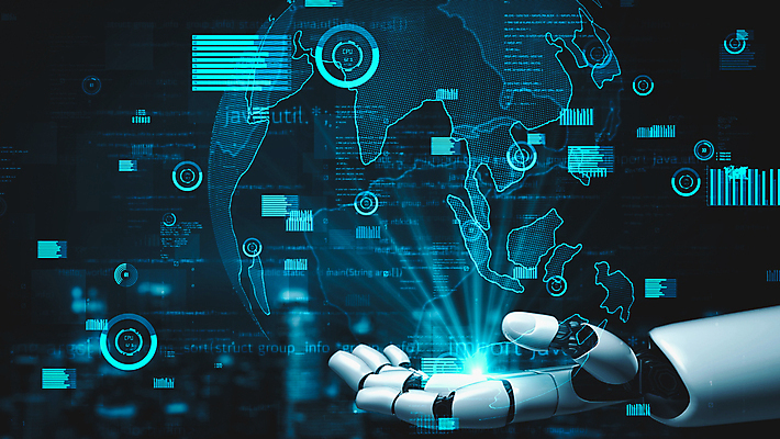 JPG 해외이미지 손 일러스트 그래프 미래 기술 신체부위 파란색 지구본 3D 디지털 네트워크 로봇 해외202309 해외포토 포토 컬러 컨셉 사람 디지털합성 파일형식