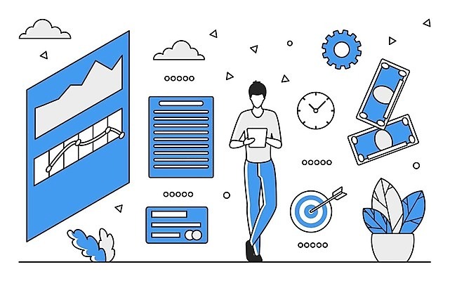 EPS 해외이미지 전신 남자 지폐 일러스트 비즈니스 그래프 한명 성인 파란색 디지털 정보 업무 스마트 분석 온라인 경영 데이터베이스 인터페이스 성인남자한명만 해외202310 해외일러스트 1 컬러 컨셉 돈 사람 작업 남자한명만 성인남자만 파일형식 벡터