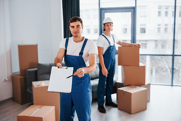 포토 JPG 해외이미지 전신 백인 남자 유니폼 실내 들기 상반신 성인 두명 옆모습 상자 이사 멜빵바지 주기 문서 이삿짐 보여주기 이삿짐센터 성인남자만 해외202309 해외포토 서양인 옷 뷰포인트 바지 모션 사람 내부 멜빵 남자만 성인만 파일형식