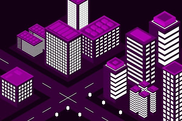 EPS 해외이미지 백그라운드 일러스트 빌딩 사람없음 건물 보라색 도시 네온 아이소메트릭 해외202309 해외일러스트 건축물 컬러 파일형식 벡터