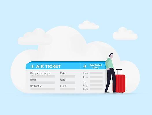 EPS 해외이미지 디자인 남자 여행 컨셉 인터넷 가방 일러스트 교통시설 휴가 여행객 짐 플랫 만화 윤곽 예약 엘리먼트 벡터 해외202309 해외일러스트 잡화 교통 사람 시설 파일형식