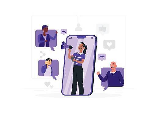 EPS 해외이미지 여자 남자 화살표 말풍선 일러스트 대화 들기 여러명 상반신 성인 스마트폰 보라색 확성기 하트 성인만 해외202309 해외일러스트 모양 컬러 다수 모션 말하기 사람 핸드폰 스마트기기 파일형식 벡터