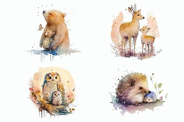 EPS 해외이미지 일러스트 곰 가족 사슴 사람없음 귀여움 번짐 부엉이 올빼미 고슴도치 해외202309 해외일러스트 동물 컨셉 포유류 관계 조류 파일형식 벡터 효과