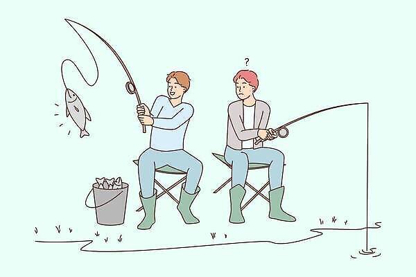 EPS 해외이미지 라이프스타일 남자 의자 일러스트 낚시 어류 앉기 성인 두명 바구니 기쁨 물음표 낚싯대 성인남자만 해외일러스트 기호 감정 가구 모션 레저 사람 생활 수중동물 낚시용품 남자만 성인만 파일형식 벡터