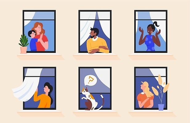 EPS 해외이미지 식물 캐릭터 커플 응시 행복 어린이 벽 컨셉 일러스트 통신 창문 가족 거리 아파트 주택 함께함 안전 사람 건물 검은색 고양이 우정 도시 최고 오픈 플랫 만화 긍정 콘도 커뮤니티 이웃 고립 벡터 코로나바이러스 락다운 해외202309 해외일러스트 일러캐릭터 건축물 시선 감정 컬러 포유류 관계 숙소 친구 반려동물 바이러스 파일형식